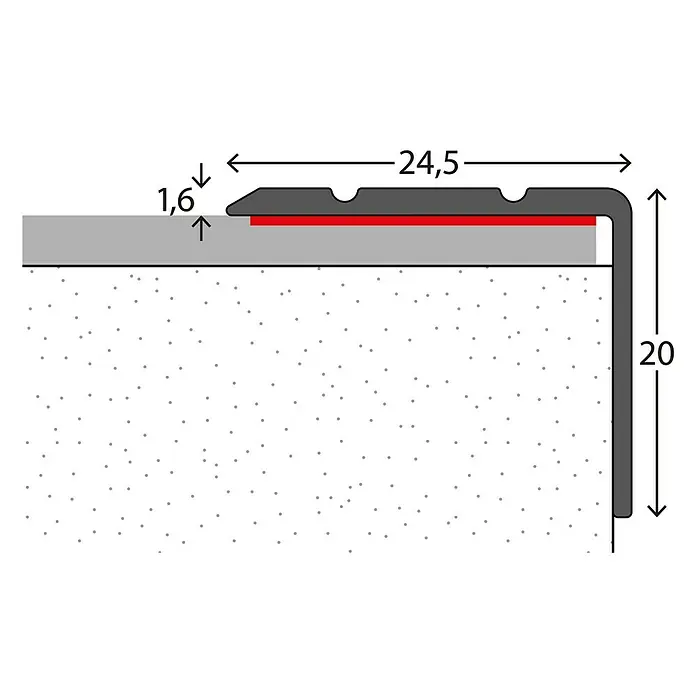 LOGOCLIC Winkelprofil 162 - Edelstahl matt, 2,7 m x 24,5 mm x 20 mm, Montageart: Kleben - Produktansicht eines Treppenkantenprofils mit den Maßen 24,5 mm Breite und 20 mm Höhe, sowie einer Materialstärke von 1,6 mm.