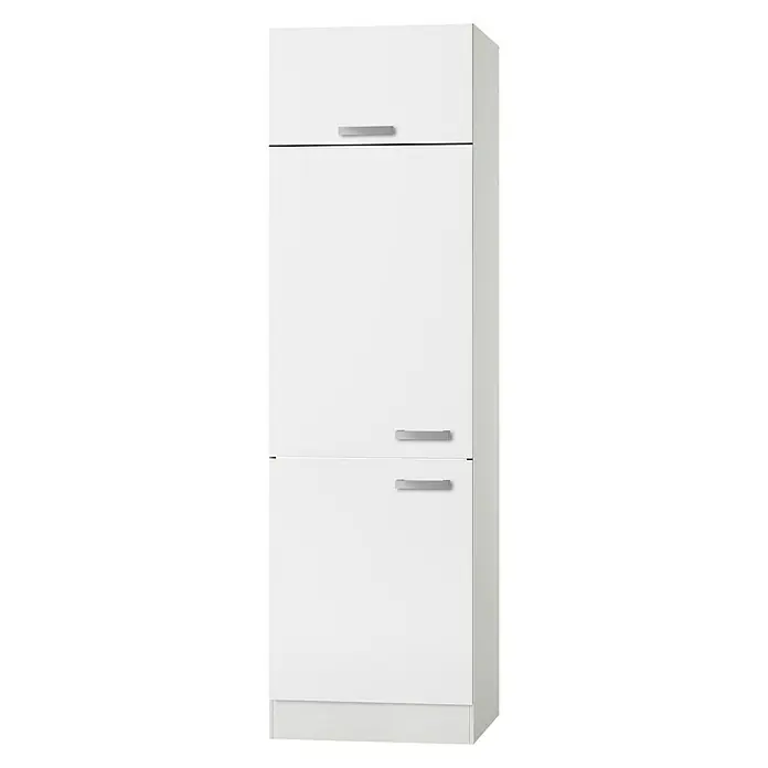 Optifit Oslo Kühlumbauschrank - B x T x H: 60 x 57,1 x 206,8 cm, Weiß - Der weiße Badezimmerschrank mit minimalistischem Design verfügt über drei Türen und silberne Griffe. Ideal für eine moderne Einrichtung.