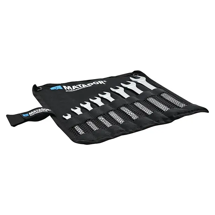 Matador Doppelmaulschlüssel-Satz in Rolltasche - Schlüsselweite: 6 mm - 22 mm - Ein Matador Schraubenschlüssel-Satz in einer schwarzen Rolltasche mit Netzeinsätzen zur Aufbewahrung. Ideal für Werkstatt und Heimwerker.