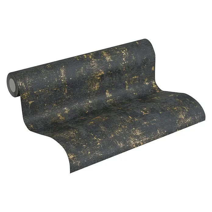 A.S. Création Trendwall Vliestapete - Schwarz/Gold, Betonoptik, 10,05 x 0,53 m - Ein genauer Blick auf eine Tapetenrolle in Schwarz und Gold, die ein abstraktes, strukturiertes Muster aufweist. Perfekt für eine edle Wandgestaltung.