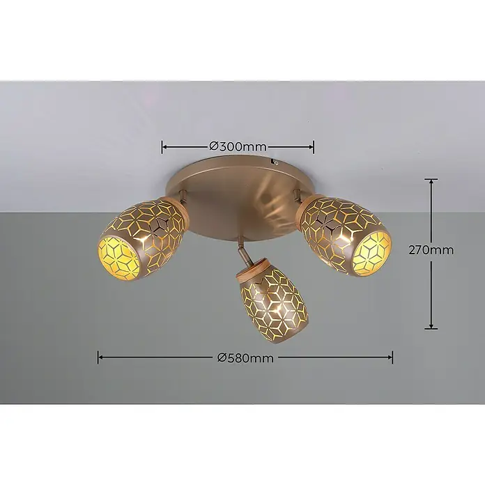 Reality Leuchten Bidar Plafón - Marrón, E14, Diámetro: 58 cm - Lámpara de techo con tres focos. Las pantallas están decoradas con un estampado geométrico para iluminar cualquier habitación.