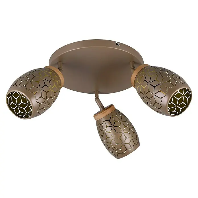 Reality Leuchten Bidar Plafón - Marrón, E14, Diámetro: 58 cm - Lámpara de techo moderna con tres focos en oro y efecto madera, que proporciona una luz cálida. Ideal para interiores elegantes.
