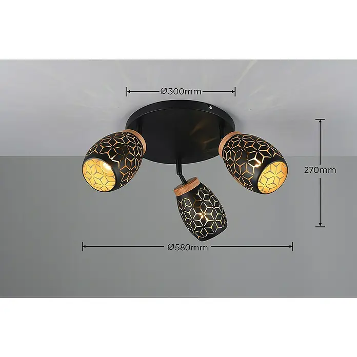 Reality Leuchten Bidar Plafón - Negro, E14, Diámetro: 58 cm - Elegante lámpara de techo con tres focos ajustables. El diseño moderno es negro y presenta recortes decorativos.