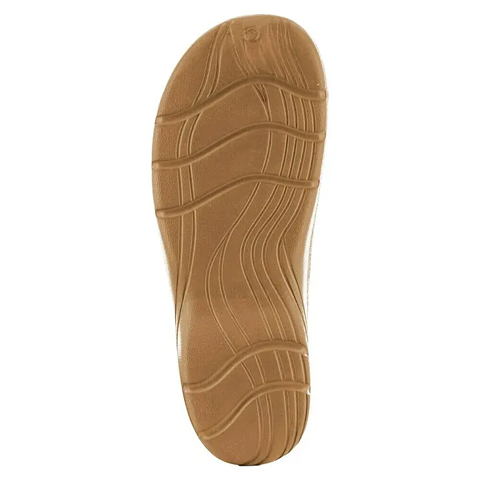 Black Fox Gartenclogs Winterschuh Mily - Schuhgröße: 40, Schwarz - Nahaufnahme der Sohle eines braunen Sandalenschuhs mit einem wellenförmigen Muster, das für einen besseren Halt sorgt.