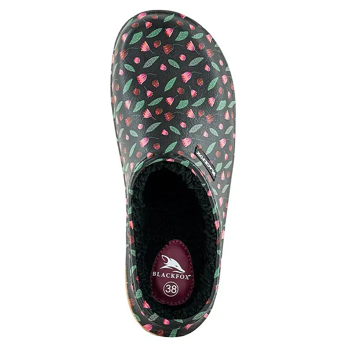 Black Fox Gartenclogs Winterschuh Mily - Schuhgröße: 38, Schwarz - Gemusterte Clogs: Bequemer Hausschuh mit floralem Muster und warmer Innenausstattung für gemütliche Stunden.