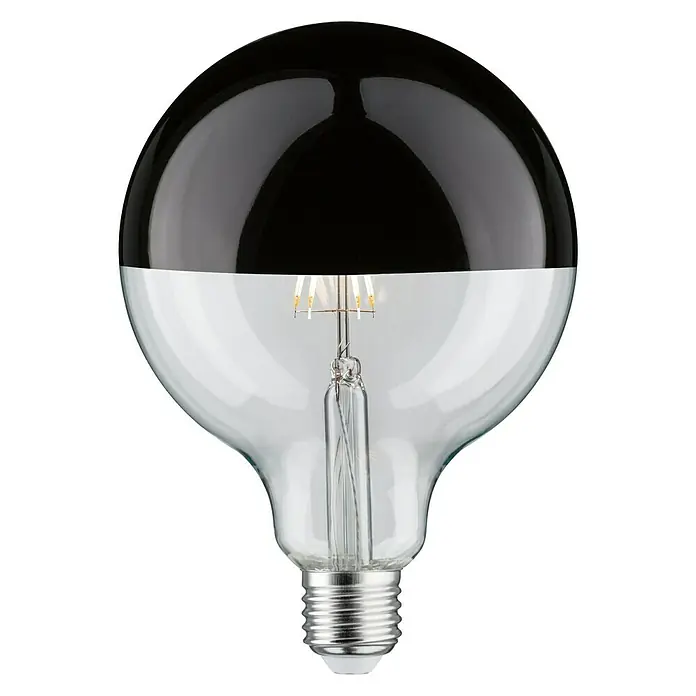 Paulmann LED-Lampe Vintage Globe-Form E27 G125 chrom - E27, Warmweiß, 600 lm, 6,5 W, Schwarz, Klar glänzend - Abgebildete LED-Lampe mit teilweise verspiegelter Oberfläche. Die Lampe hat ein modernes Design und ist ideal für dekorative Beleuchtung.