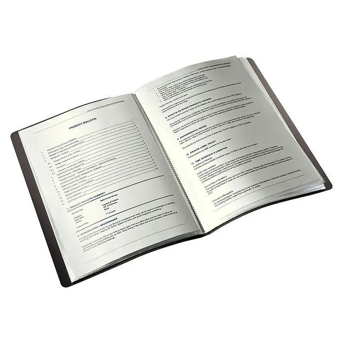Leitz Sichtbuch Solid - L x B x H: 13 x 213 x 310 mm - Produktbulletin in einem schwarzen Ordner. Das Dokument enthält eine Zusammenfassung, Einführung, Marktanalyse, Produktpalette und Marketingmaterial.