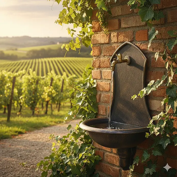 Roto Waschbecken Saturn - L x B x H: 53 x 38 x 75 cm, Braun, Kunststoff - Eine rustikale Gartenbrunnenarmatur aus Bronze an einer Backsteinmauer, umgeben von Weinreben, mit Blick auf einen Weinberg.