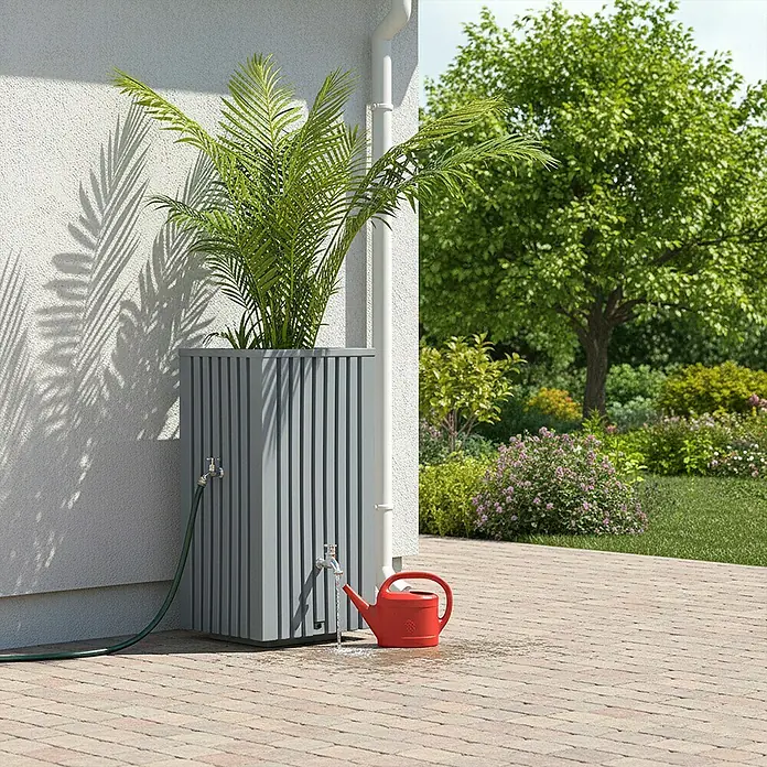 Roto Regentonne Balboa - L x B x H: 460 x 460 x 935 mm, Grau, Kunststoff - Der graue Regenspeicher mit vertikalen Linien verfügt über einen Hahn, einen Schlauchanschluss und eine rote Gießkanne unter dem Hahn.