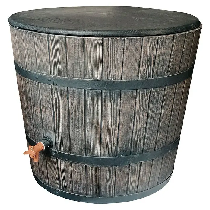 Roto Eistonne Konisch - Ø x H: 900 x 750 cm, Braun, 300 l - Nahaufnahme einer Regentonne in Holzoptik mit Deckel und Hahn, ideal für den Garten und zur Wassergewinnung.