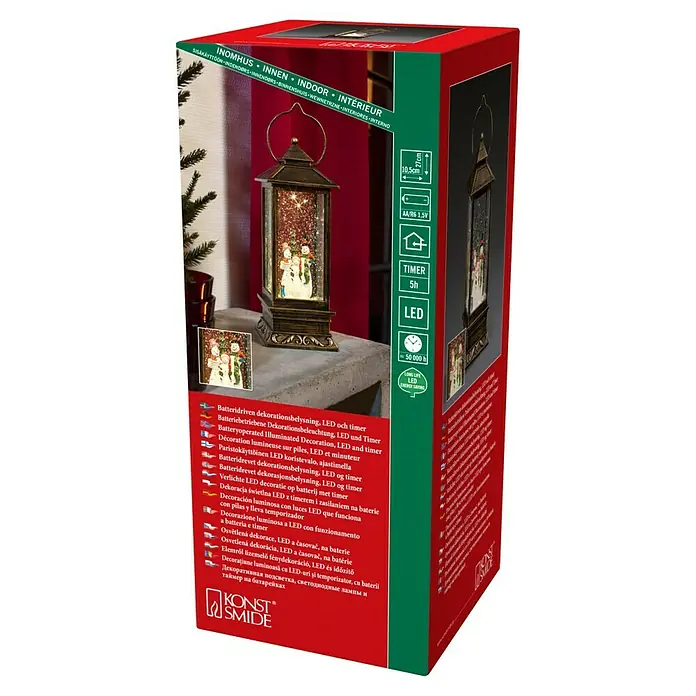 Konstsmide LED-Schneelaterne Schneemänner - Innen, Braun, 10,5 x 10,5 x 27 cm, Batteriebetrieben - Produktbild: Laterne mit LED-Beleuchtung und Schneemann-Motiv, batteriebetrieben, ideal als Weihnachtsdekoration.