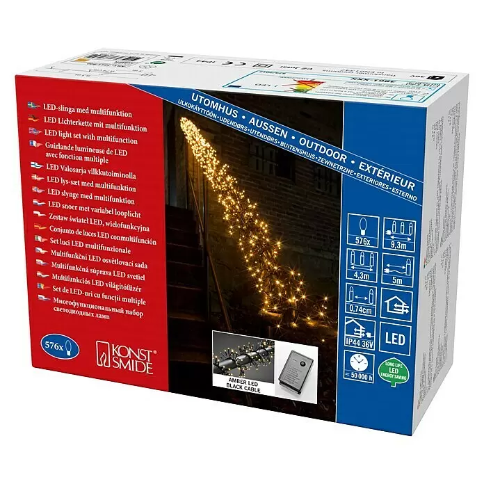 Konstsmide LED-Clusterlichterkette Micro LED Cluster - Außen, Länge: 9,3 m, 576 Stk., Netzbetrieben, Lichtfarbe: Bernstein - Produktverpackung für Konst Smide Multifunktions-LED-Lichterkette für außen mit 576 bernsteinfarbenen LEDs und schwarzem Kabel, beleuchtet Treppe.