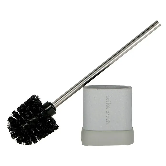 Venus Aiden WC-Bürstengarnitur - Polyresin, Grau - Eine Toilettenbürste mit Halter. Die Bürste hat einen Edelstahlgriff und schwarze Borsten. Der Halter ist hellgrau und trägt die Aufschrift "toilet brush".