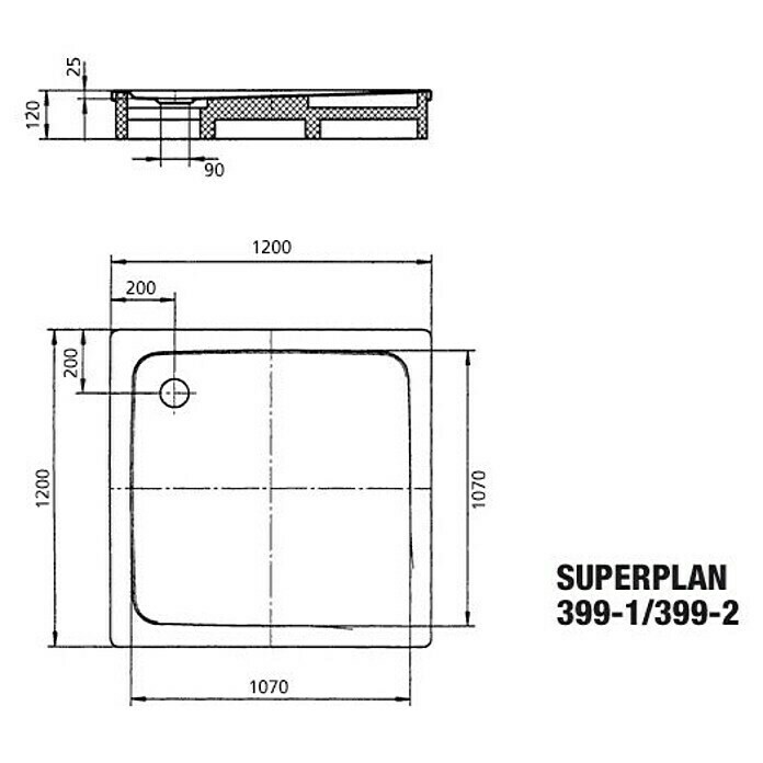 Kaldewei Duschwanne Superplan 399-1L x B: 120 x 120 cm, Stahl, Weiß Sketch