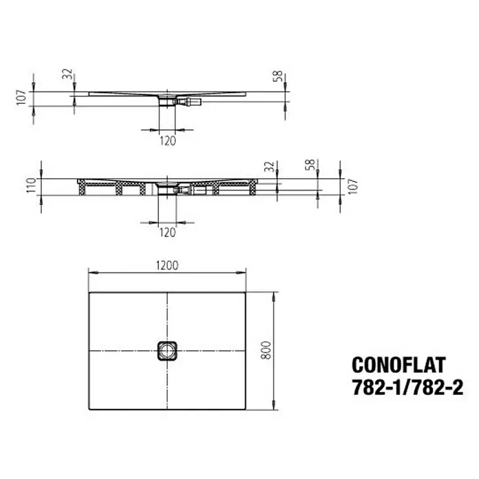 Kaldewei Duschwanne Conoflat 782-1 - L x B: 80 x 120 cm, Stahl, Weiß - Technische Zeichnung der Conoflat 782-1/782-2 Duschwanne mit Maßen.