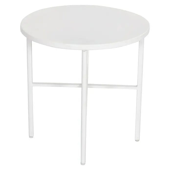 Sunfun Conjunto de muebles Anabel - 3 pzs., Ratán sintética/Acero, Beige/Gris - Este artículo muestra una mesa auxiliar redonda blanca con estructura metálica. Un mueble moderno y minimalista.