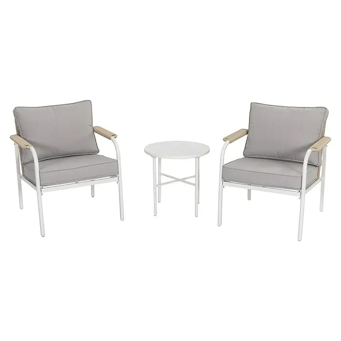 Sunfun Conjunto de muebles Anabel - 3 pzs., Ratán sintética/Acero, Beige/Gris - Esta imagen muestra un moderno conjunto de muebles de exterior, con dos sillones con cojines grises y una mesa redonda blanca. Los marcos son blancos.