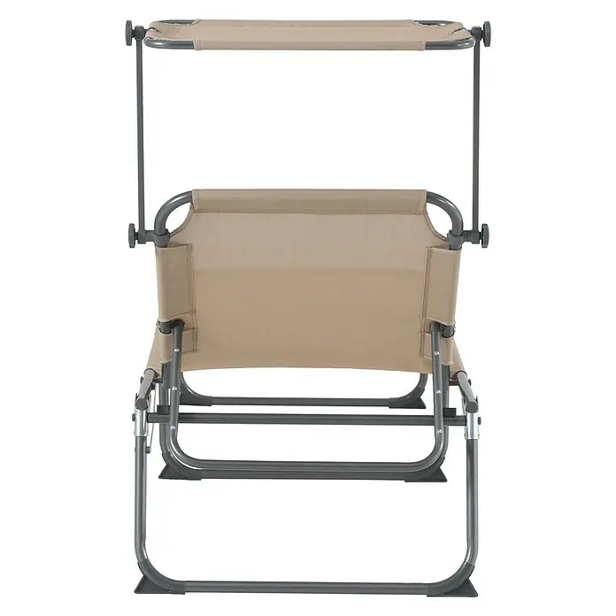 Sunfun Tumbona de jardín Marissa - 70 x 202 x 39 cm, Taupe, Textil - Vista posterior de una silla de camping beige con sombrilla. La silla tiene una estructura metálica gris y es plegable para facilitar su guardado.