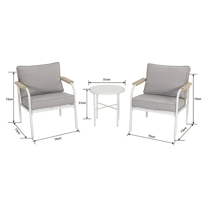 Sunfun Conjunto de muebles Anabel - 3 pzs., Ratán sintética/Acero, Beige/Gris - Conjunto de muebles de jardín con dos sillones y una mesa, ideal para relajarse al aire libre. Los marcos blancos y los cojines grises ofrecen confort.