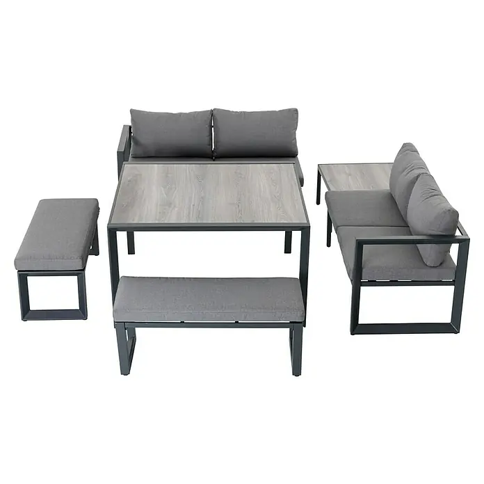 Sunfun Conjunto de muebles Christine - 6 pzs., Aluminio/Poliéster, Antracita/Gris - Esta imagen muestra un moderno conjunto de lounge gris, con mesa y asientos acolchados. ¡Perfecto para exteriores!