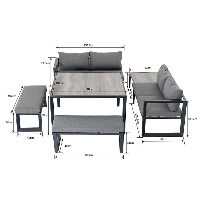 Sunfun Conjunto de muebles Christine (6 pzs., Aluminio/Poliéster, Antracita/Gris) | BAUHAUS