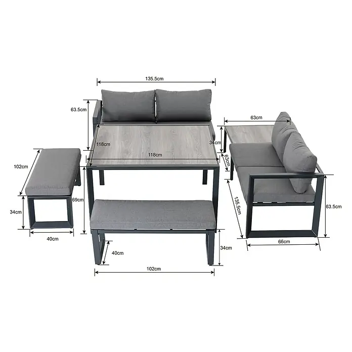 Sunfun Conjunto de muebles Christine - 6 pzs., Aluminio/Poliéster, Antracita/Gris - Vista detallada de los muebles de jardín con especificaciones de tamaño. El conjunto de salón gris incluye mesa, banco y taburete.