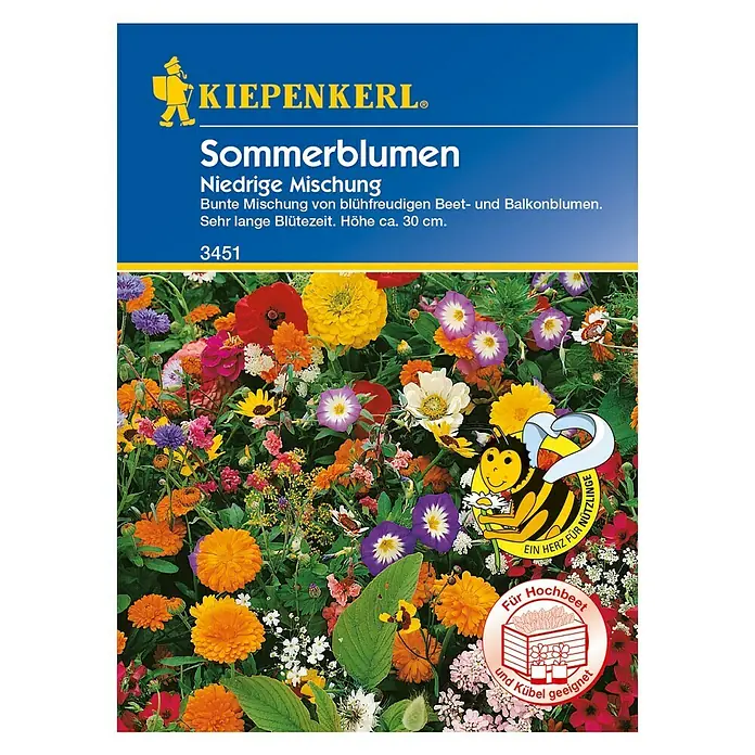 Kiepenkerl Blumensamen Sommerblumen - Verschiedene Sorten, Mehrfarbig, 1 m² - 2 m² - Blumensamenpackung Kiepenkerl Sommerblumen, niedrige Mischung, ideal für Beete und Balkone, mit langer Blütezeit und einer Höhe von ca. 30 cm.