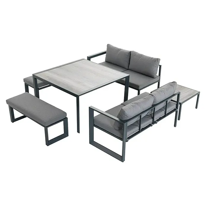 Sunfun Conjunto de muebles Christine - 6 pzs., Aluminio/Poliéster, Antracita/Gris - Esta imagen muestra un moderno conjunto de comedor para exteriores con cojines grises y una tapa de mesa con efecto madera. Incluye bancos.