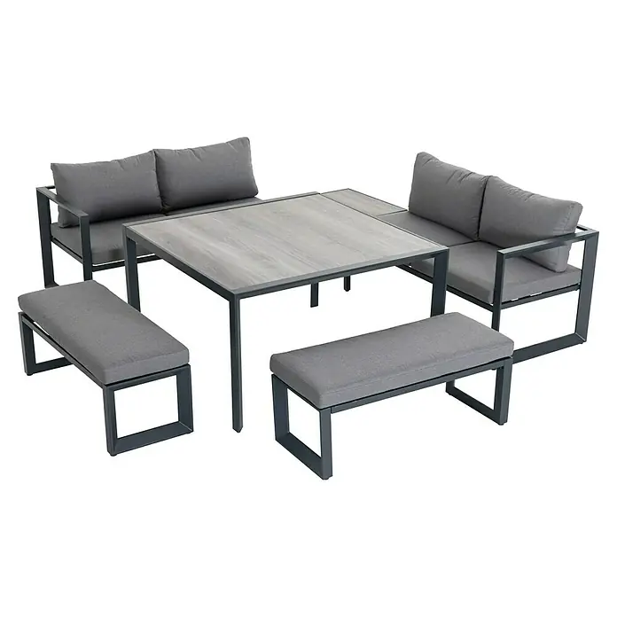 Sunfun Conjunto de muebles Christine - 6 pzs., Aluminio/Poliéster, Antracita/Gris - El conjunto de lounge gris consta de dos sofás, una mesa y dos taburetes. Perfecto para el jardín o la terraza para relajarse con amigos.
