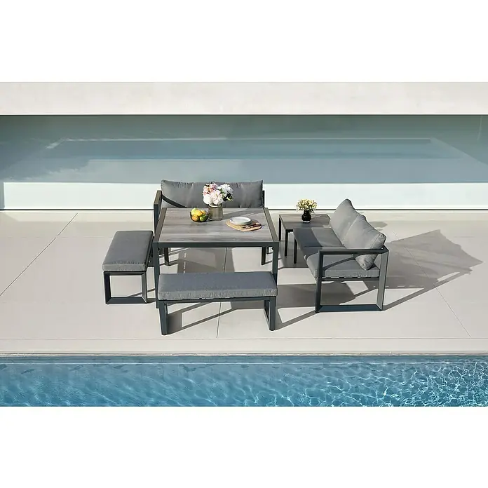 Sunfun Conjunto de muebles Christine - 6 pzs., Aluminio/Poliéster, Antracita/Gris - Elegante juego de comedor para exteriores con mesa, bancos y sofás en gris, perfecto para la relajación.