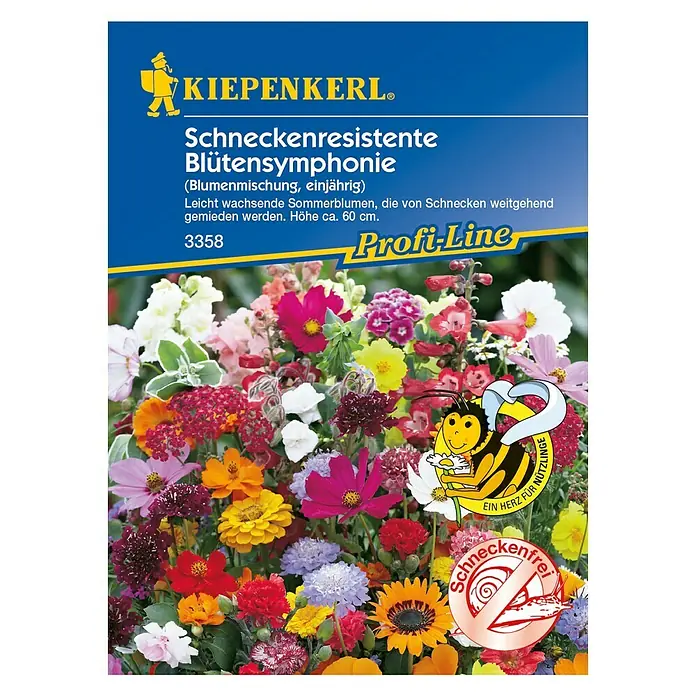 Kiepenkerl Profi-Line Blumensamen Schneckenresistente Blütensymphonie - Verschiedene Sorten, Mehrfarbig, 2 m² - Samenpackung Schneckenresistente Blütensymphonie von Kiepenkerl. Mischung aus einjährigen, schneckenresistenten Sommerblumen, Höhe ca. 60 cm.