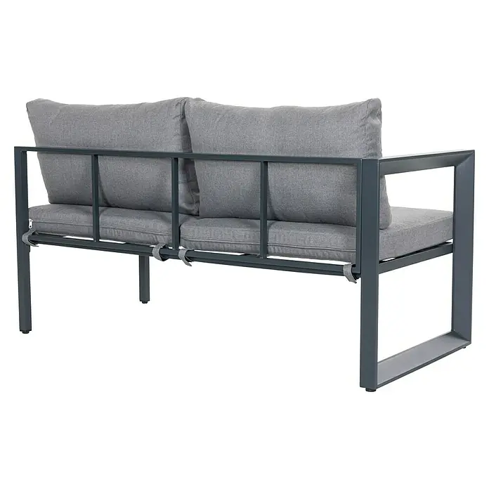 Sunfun Conjunto de muebles Christine - 6 pzs., Aluminio/Poliéster, Antracita/Gris - Primer plano de un sofá de exterior gris con estructura metálica y cojines suaves, perfecto para relajarse al aire libre.