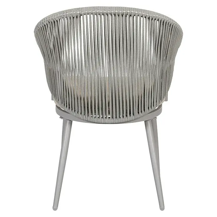 Sunfun Conjunto de muebles Gina - 3 pzs., Acero/Cuerda sintética, Beige/Gris - Vista trasera de una silla de mimbre gris con patas de metal. La silla tiene un diseño moderno y es ideal para uso exterior.