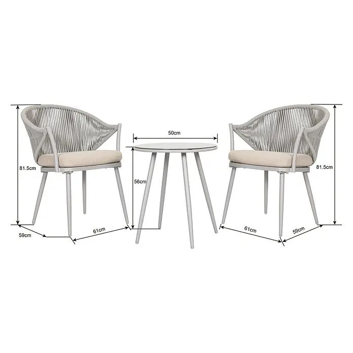 Sunfun Conjunto de muebles Gina - 3 pzs., Acero/Cuerda sintética, Beige/Gris - Imagen de un juego de patio gris con una mesa y dos sillas con cojines de asiento claros y dimensiones.