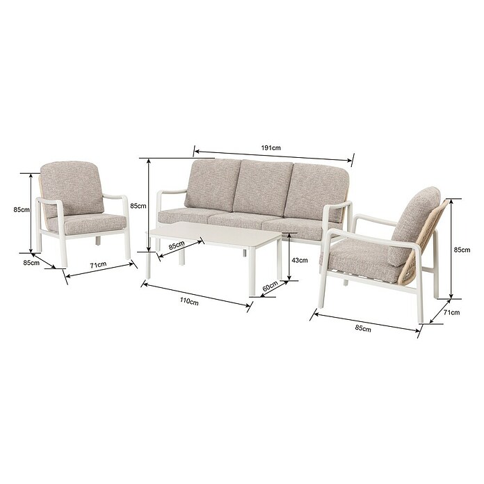 Sunfun Conjunto de muebles Bruna (4 pzs., Ratán sintético/Aluminio/Poliéster, Beige/Gris) | BAUHAUS