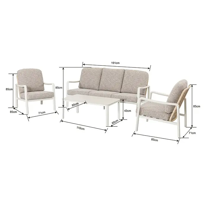 Sunfun Conjunto de muebles Bruna - 4 pzs., Ratán sintético/Aluminio/Poliéster, Beige/Gris - Imagen del producto con sofá, sillones y mesa con dimensiones. El conjunto de exterior en tonos neutros es elegante y cómodo.