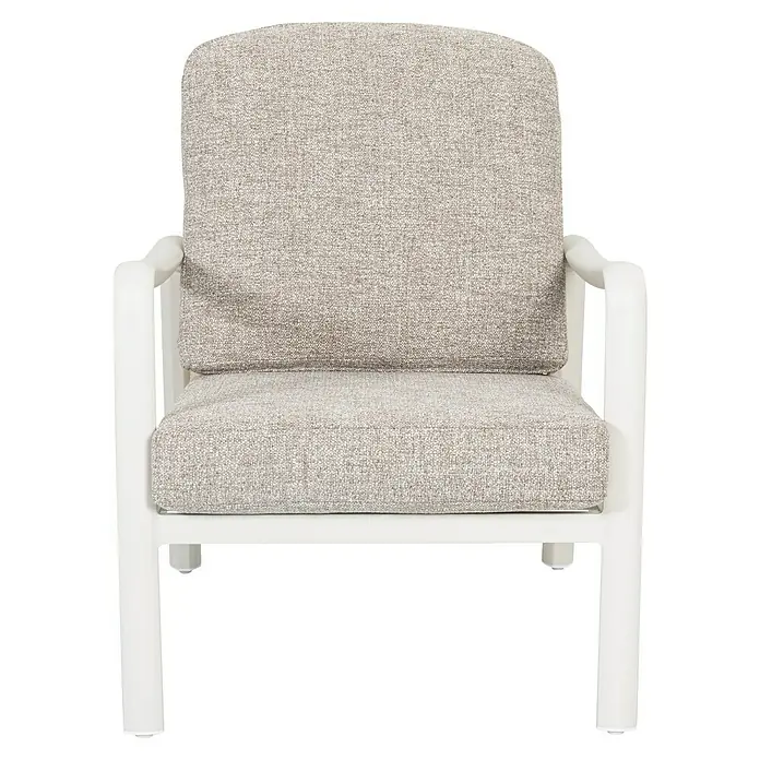 Sunfun Conjunto de muebles Bruna - 4 pzs., Ratán sintético/Aluminio/Poliéster, Beige/Gris - Primer plano de un cómodo sillón con cojines gris claro y estructura blanca, que invita a la relajación al aire libre.