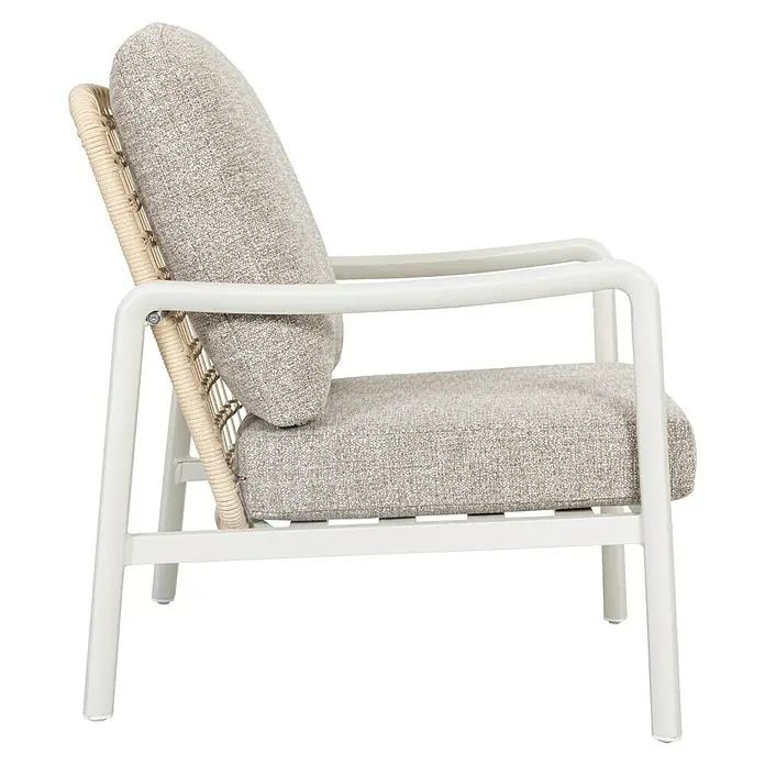 Sunfun Conjunto de muebles Bruna - 4 pzs., Ratán sintético/Aluminio/Poliéster, Beige/Gris - Elegante sillón lounge con estructura color crema y cómodos cojines grises. Combina diseño moderno con gran comodidad al sentarse.
