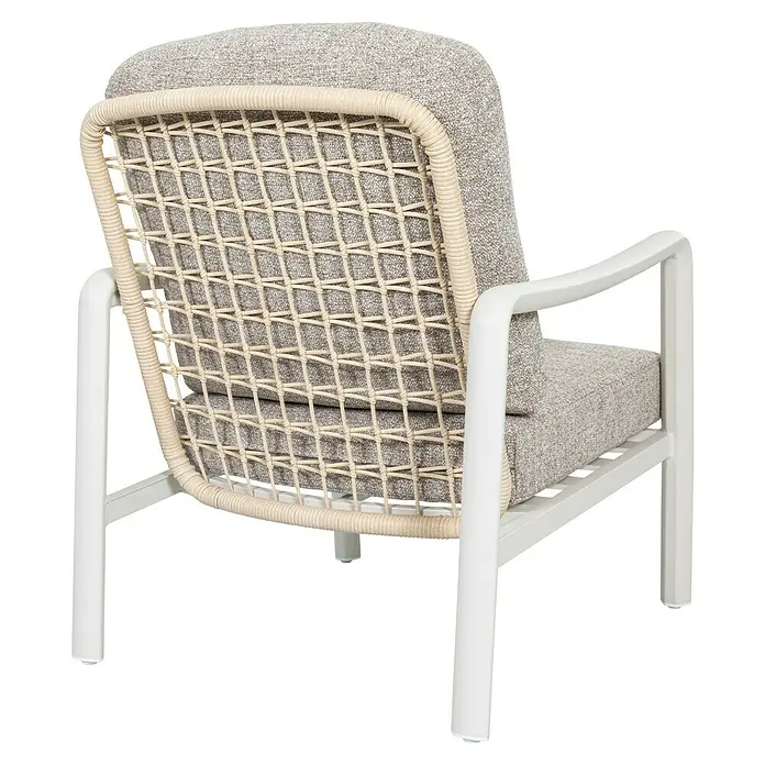 Sunfun Conjunto de muebles Bruna - 4 pzs., Ratán sintético/Aluminio/Poliéster, Beige/Gris - Esta silla de ratán con cojín gris y estructura blanca ofrece asientos cómodos y diseño moderno para espacios interiores y exteriores.