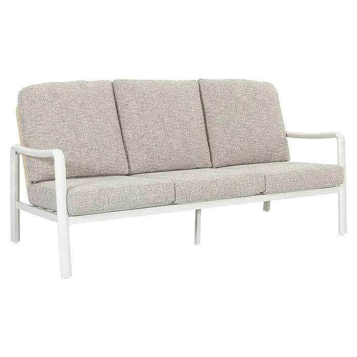 Sunfun Conjunto de muebles Bruna - 4 pzs., Ratán sintético/Aluminio/Poliéster, Beige/Gris - Imagen de un moderno sofá de 3 plazas con cojines gris claro y una estructura blanca elegante, ideal para espacios de estar con estilo.