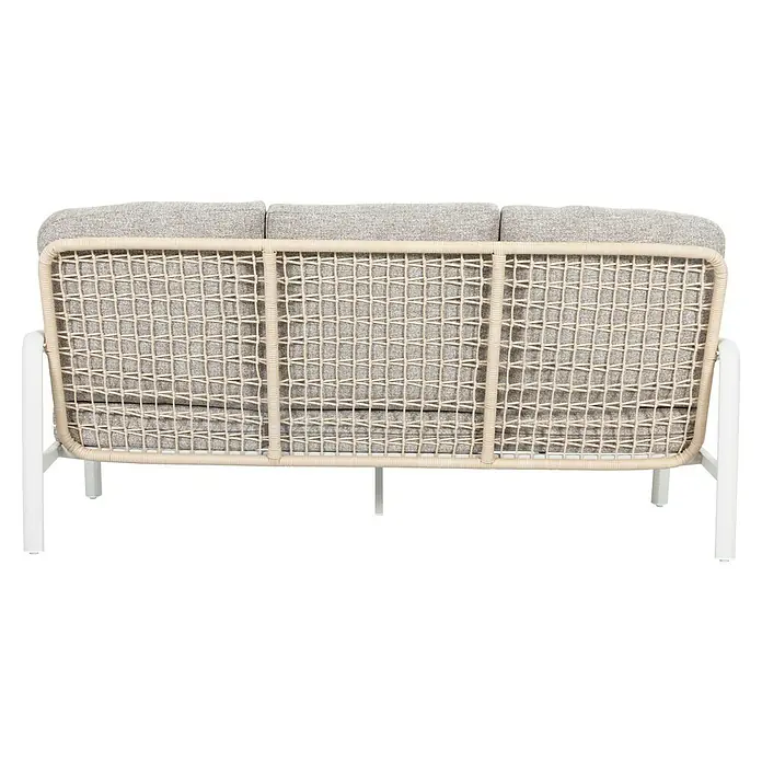 Sunfun Conjunto de muebles Bruna - 4 pzs., Ratán sintético/Aluminio/Poliéster, Beige/Gris - Primer plano del respaldo de un sofá con un marco tejido de color claro y cojines grises, combinando diseño moderno y confort.
