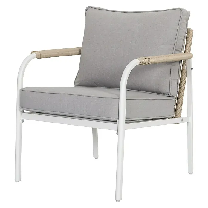 Sunfun Conjunto de muebles Anabel - 3 pzs., Ratán sintética/Acero, Beige/Gris - Cómoda butaca con cojines gris claro y estructura blanca, perfecta para relajarse al aire libre. Diseño elegante para jardines y terrazas.