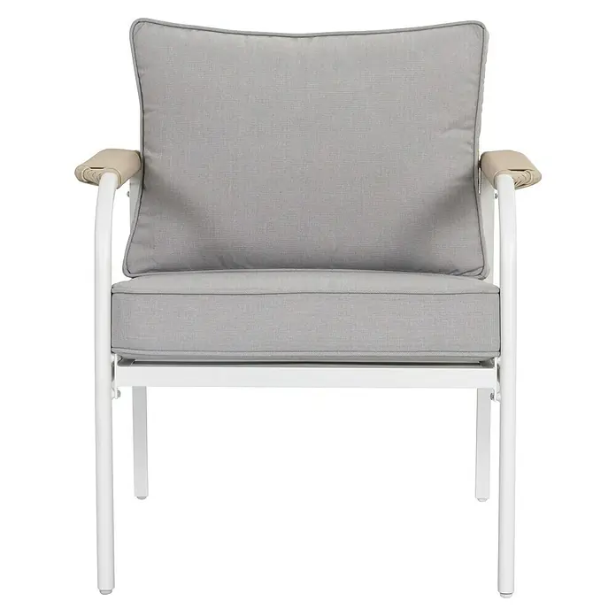 Sunfun Conjunto de muebles Anabel - 3 pzs., Ratán sintética/Acero, Beige/Gris - El moderno diseño de silla de exterior con estructura metálica blanca y cojines grises ofrece comodidad y estilo a cualquier entorno exterior.