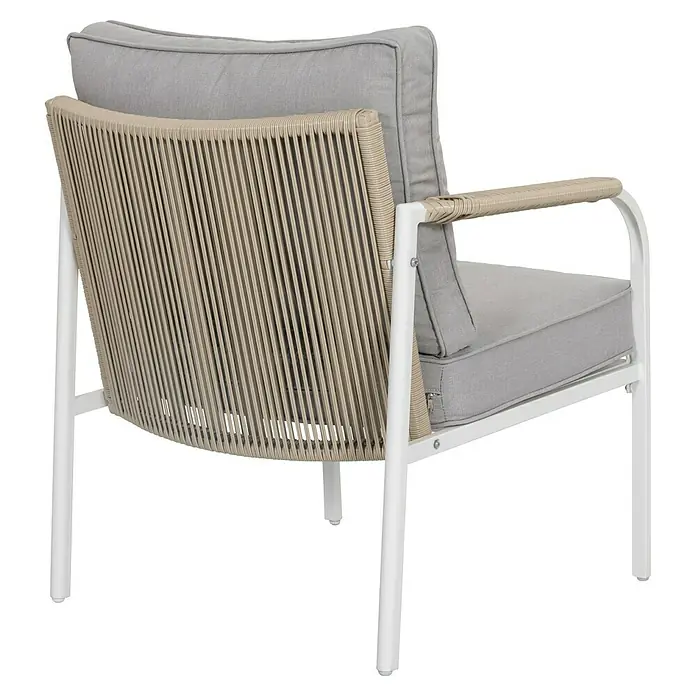 Sunfun Conjunto de muebles Anabel - 3 pzs., Ratán sintética/Acero, Beige/Gris - Elegante sillón lounge con cojines grises y respaldo de mimbre beige, perfecto para relajarse al aire libre. Diseño contemporáneo y duradero.