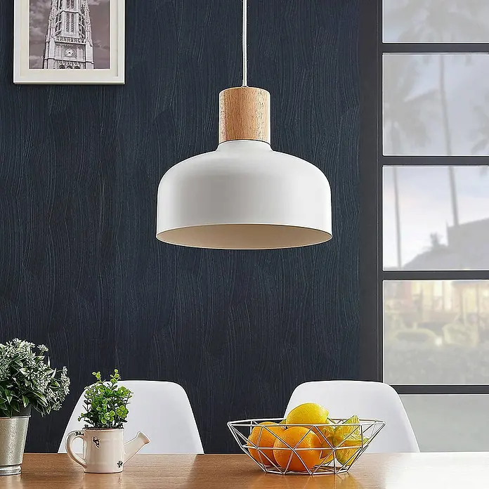Lindby Pendelleuchte Carlise - L x B x H: 30 x 30 x 25 cm, weiß / opal, weiß, holz hell, E27