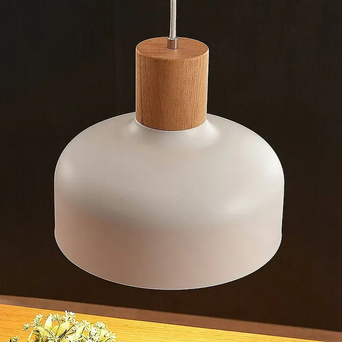 Lindby Pendelleuchte Carlise - L x B x H: 30 x 30 x 25 cm, weiß / opal, weiß, holz hell, E27