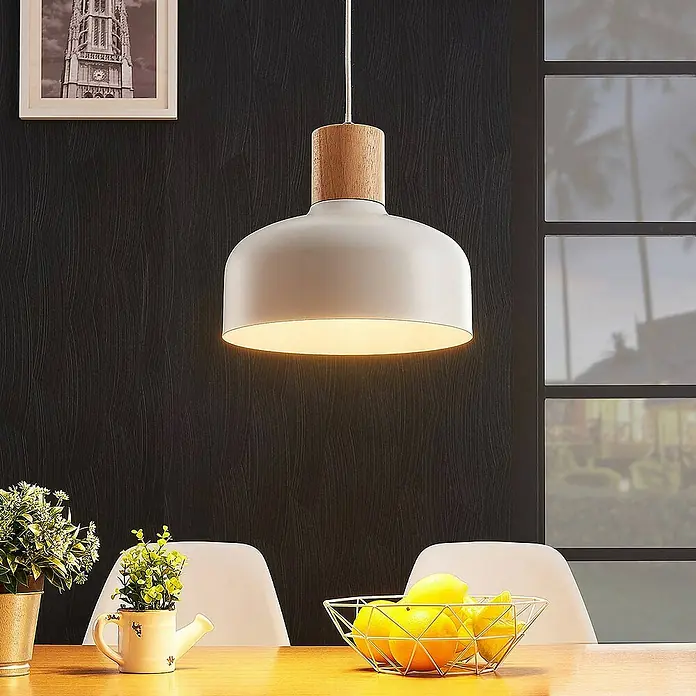 Lindby Pendelleuchte Carlise - L x B x H: 30 x 30 x 25 cm, weiß / opal, weiß, holz hell, E27