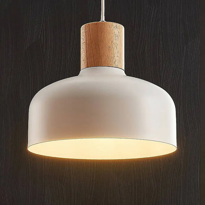 Lindby Pendelleuchte Carlise - L x B x H: 30 x 30 x 25 cm, weiß / opal, weiß, holz hell, E27