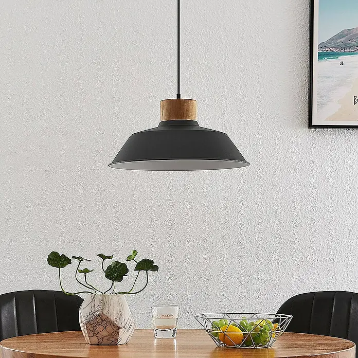 Lindby Pendelleuchte Nefeli - L x B x H: 42 x 42 x 14 cm, schwarz, sandSchwarz, holz dunkel, weiß, E27