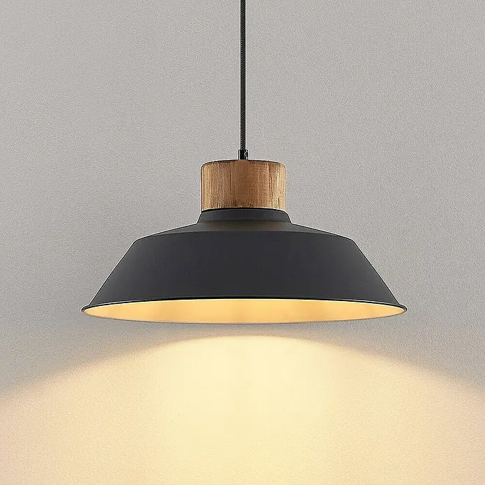 Lindby Pendelleuchte Nefeli - L x B x H: 42 x 42 x 14 cm, schwarz, sandSchwarz, holz dunkel, weiß, E27